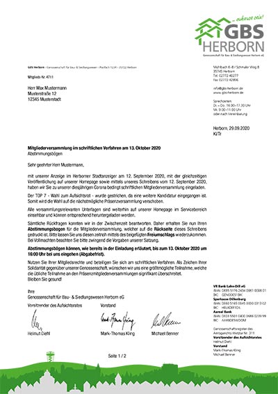 Einladung zur MitgIiederversammIung im schriftlichen Verfahren der Genossenschaft für Bau & Siedlungswesen Herborn eG