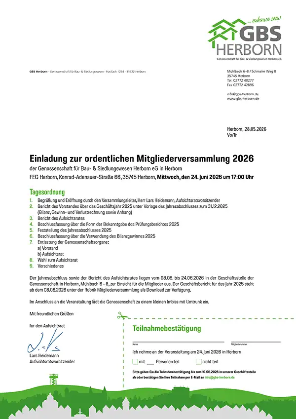 Postalische Einladung zur MitgIiederversammIung 2026 der Genossenschaft für Bau & Siedlungswesen Herborn eG Postalische Einladung zur MitgIiederversammIung 2026 der Genossenschaft für Bau & Siedlungswesen Herborn eG