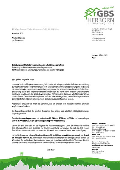 Postalische Einladung zur MitgIiederversammIung 2021 im schriftlichen Verfahren der Genossenschaft für Bau & Siedlungswesen Herborn eG