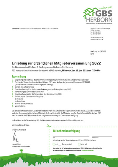 Postalische Einladung zur MitgIiederversammIung 2022 der Genossenschaft für Bau & Siedlungswesen Herborn eG