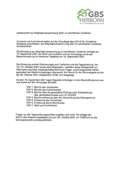GBS-Herborn – Niederschrift zur Mitgliederversammlung 2021